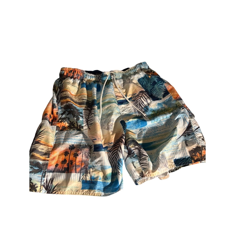 Croft & Barrow Mens Tropical Sunset Beach Print Swim Trunks Blue Orange XL EUC